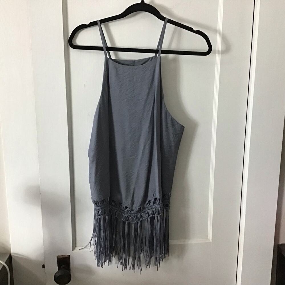 NWT Boutique Gray Bohemian Fringe trim tank Large